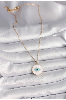 316L Çelik Gold Renk Zincir Beyaz Mineli Turkuaz Göz İşleme Model Kadın Kolye