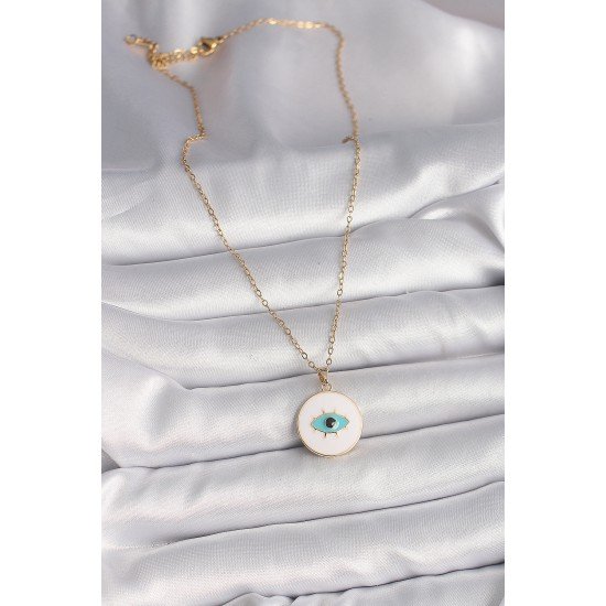 316L Çelik Gold Renk Zincir Beyaz Mineli Turkuaz Göz İşleme Model Kadın Kolye