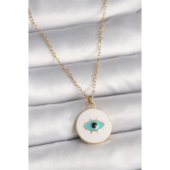 316L Çelik Gold Renk Zincir Beyaz Mineli Turkuaz Göz İşleme Model Kadın Kolye