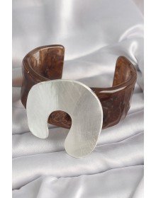 Kahverengi Mermer Desen Akrilik Plastik Gümüş Plaka Model Vintage Kadın Bilezik