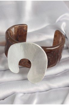 Kahverengi Mermer Desen Akrilik Plastik Gümüş Plaka Model Vintage Kadın Bilezik