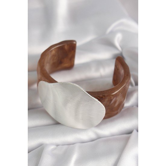 Kahverengi Mermer Desen Akrilik Plastik Gümüş Plaka Model Vintage Kadın Bilezik