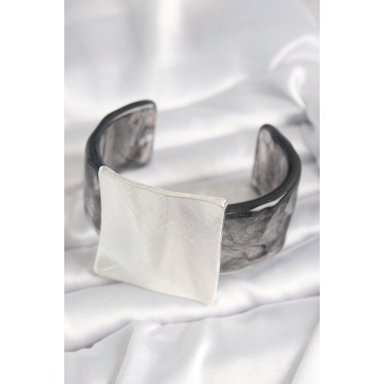 Siyah Mermer Desen Akrilik Plastik Gümüş Kare Plaka Model Vintage Kadın Bilezik