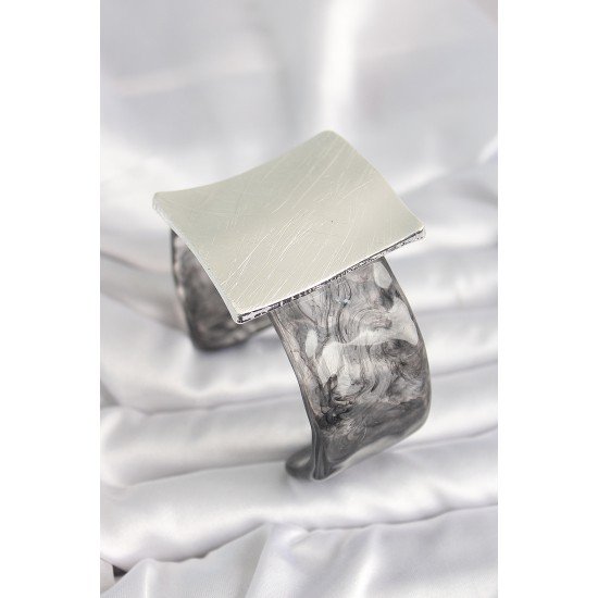 Siyah Mermer Desen Akrilik Plastik Gümüş Kare Plaka Model Vintage Kadın Bilezik