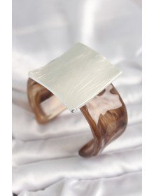 Kahverengi Mermer Desen Akrilik Plastik Gümüş Kare Plaka Model Vintage Kadın Bilezik