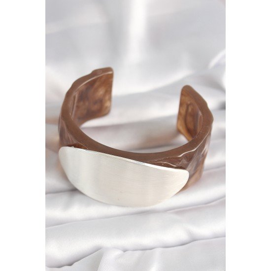 Kahverengi Mermer Desen Akrilik Plastik Gümüş Oval Plaka Model Vintage Kadın Bilezik Kahverengi Mermer Desen Akrilik Plastik Gümüş Oval Plaka Model Vintage Kadın Bilezik