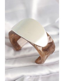 Kahverengi Mermer Desen Akrilik Plastik Gümüş Oval Plaka Model Vintage Kadın Bilezik