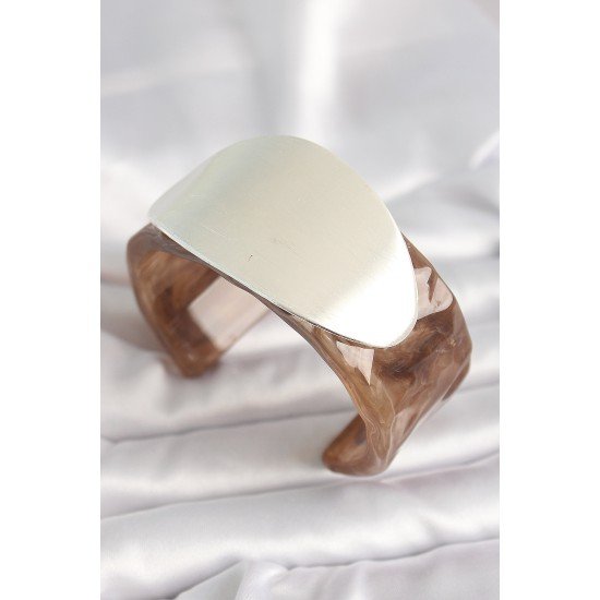 Kahverengi Mermer Desen Akrilik Plastik Gümüş Oval Plaka Model Vintage Kadın Bilezik Kahverengi Mermer Desen Akrilik Plastik Gümüş Oval Plaka Model Vintage Kadın Bilezik