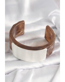 Kahverengi Mermer Desen Akrilik Plastik Gümüş Dikdörtgen Plaka Vintage Kadın Bilezik