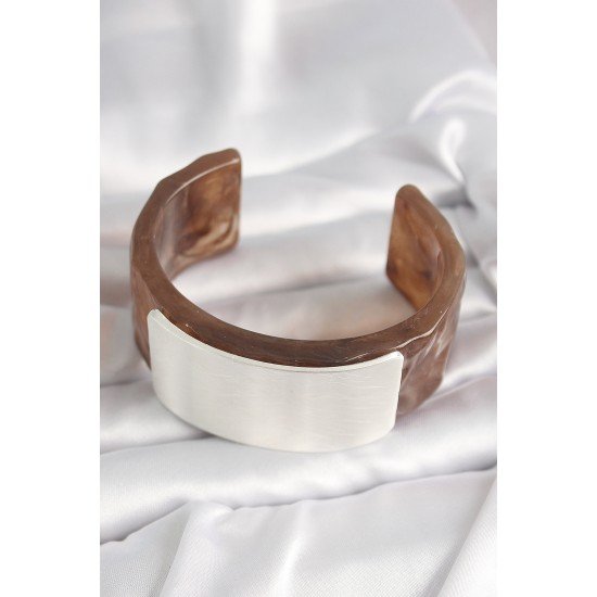 Kahverengi Mermer Desen Akrilik Plastik Gümüş Dikdörtgen Plaka Vintage Kadın Bilezik