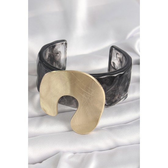 Siyah Mermer Desen Akrilik Plastik Gold Nal Model Plaka Vintage Kadın Bilezik