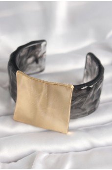 Siyah Mermer Desen Akrilik Plastik Gold Kare Plaka Model Vintage Kadın Bilezik