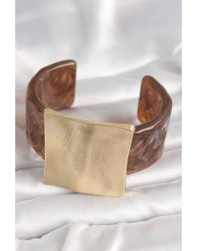 Kahverengi Mermer Desen Akrilik Plastik Gold Kare Plaka Model Vintage Kadın Bilezik