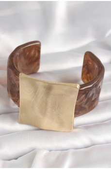 Kahverengi Mermer Desen Akrilik Plastik Gold Kare Plaka Model Vintage Kadın Bilezik