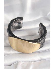 Siyah Mermer Desen Akrilik Plastik Gold Oval Plaka Model Vintage Kadın Bilezik