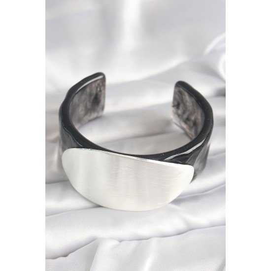 Siyah Mermer Desen Akrilik Plastik Gümüş Oval Plaka Model Vintage Kadın Bilezik