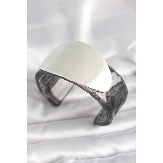 Siyah Mermer Desen Akrilik Plastik Gümüş Oval Plaka Model Vintage Kadın Bilezik