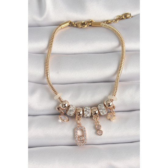 Pirinç Gold Renk Zincir Sallantı Zirkon Taşlı Messika Figür Yıldız Detay Kadın Bileklik