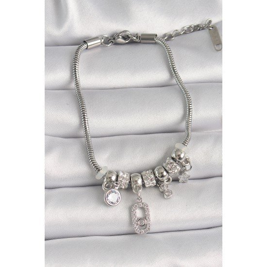 Pirinç Gümüş Renk Zincir Sallantı Zirkon Taşlı Messika Figür Yıldız Detay Kadın Bileklik