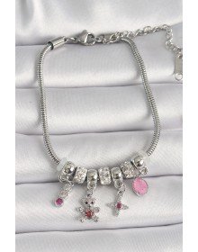 Pirinç Gümüş Renk Zincir Sallantı Zirkon Taşlı Ayıcık Figür Yıldız Detay Kadın Bileklik