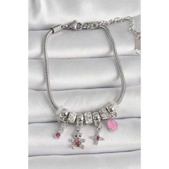 Pirinç Gümüş Renk Zincir Sallantı Zirkon Taşlı Ayıcık Figür Yıldız Detay Kadın Bileklik