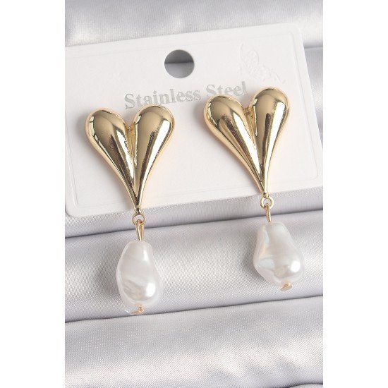 Pirinç Gold Renk Kalp Model Sallantı İnci Damla Model Kadın Küpe