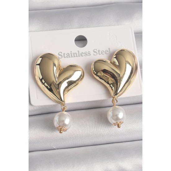 Pirinç Gold Renk Kalp Model Sallantı İnci Detay Kadın Küpe Pirinç Gold Renk Kalp Model Sallantı İnci Detay Kadın Küpe