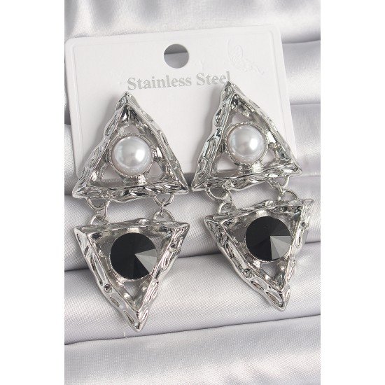 Pirinç Gümüş Renk Sallantı Üçgen Model İnci Detay Kadın Küpe