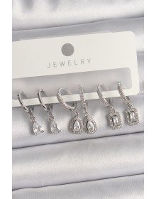 Pirinç Gümüş Renk Sallantı Zirkon Taşlı Damla Model Kadın Küpe Seti
