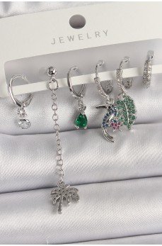 Pirinç Gümüş Renk Sallantı Zirkon Taşlı Ağaç Figür Çoklu Kadın Küpe Seti