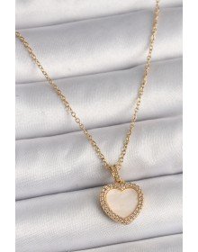 316L Çelik Gold Renk Zincir Zirkon Taşlı Beyaz Mineli Kalp Model Kadın Kolye