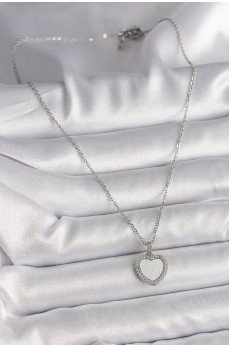 316L Çelik Gümüş Renk Zincir Zirkon Taşlı Beyaz Mineli Kalp Model Kadın Kolye