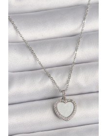 316L Çelik Gümüş Renk Zincir Zirkon Taşlı Beyaz Mineli Kalp Model Kadın Kolye