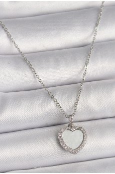 316L Çelik Gümüş Renk Zincir Zirkon Taşlı Beyaz Mineli Kalp Model Kadın Kolye