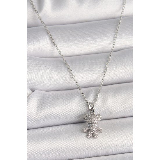 316L Çelik Gümüş Renk Zincir Zirkon Taşlı Ayıcık Figür Kadın Kolye 316L Çelik Gümüş Renk Zincir Zirkon Taşlı Ayıcık Figür Kadın Kolye