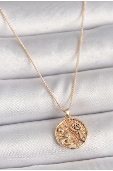 Pirinç Gold Renk Zirkon Taş Detaylı Gül İşleme Madalyon Model Kadın Kolye