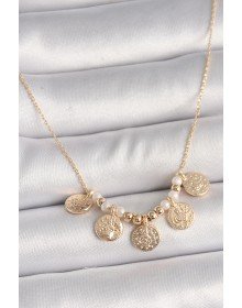 Pirinç Gold Renk 5'Li Osmanlı Tuğra Figür İnci Detay Kadın Kolye