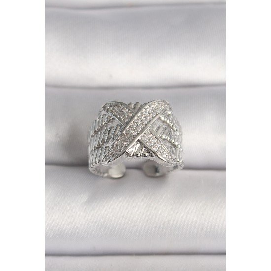 Pirinç Gümüş Renk Ayarlanabilir Zirkon Taşlı X Model Kadın Yüzük