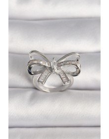Pirinç Gümüş Renk Ayarlanabilir Zirkon Taşlı Kurdele Model Kadın Yüzük