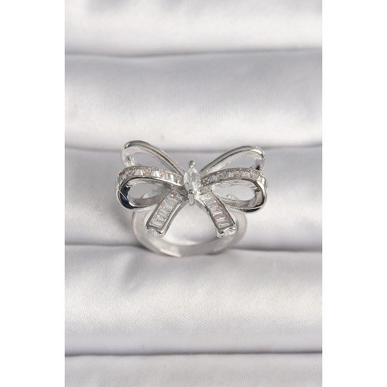 Pirinç Gümüş Renk Ayarlanabilir Zirkon Taşlı Kurdele Model Kadın Yüzük Pirinç Gümüş Renk Ayarlanabilir Zirkon Taşlı Kurdele Model Kadın Yüzük