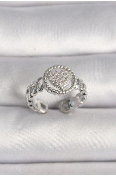 Pirinç Gümüş Renk Zincir Model Zirkon Taşlı Kalp Model Kadın Yüzük