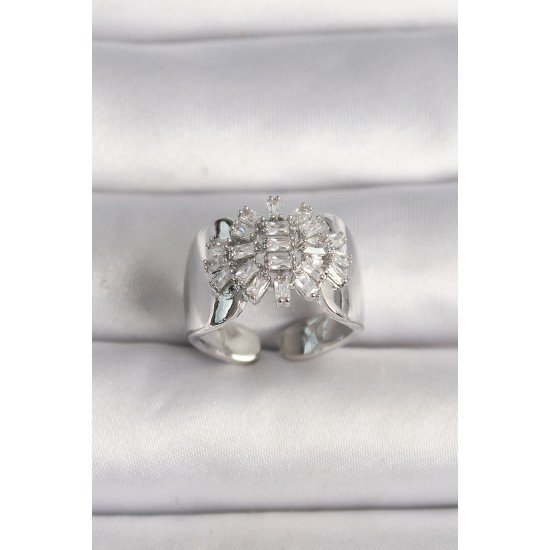 Pirinç Gümüş Renk Ayarlanabilir Baget Zirkon Taş Model Kadın Yüzük