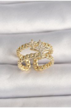 Pirinç Gold Renk 2'Li Zincir Zirkon Taşlı Yıldız Figür Kadın Yüzük Pirinç Gold Renk 2'Li Zincir Zirkon Taşlı Yıldız Figür Kadın Yüzük
