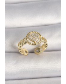 Pirinç Gold Renk Ayarlanabilir Zirkon Taşlı Kalp Model Kadın Yüzük