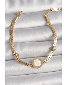 316L Çelik Gold Renk Yassı Zincir Model Zirkon Taş Detaylı Beyaz Mineli Madalyon Model Kadın Bileklik