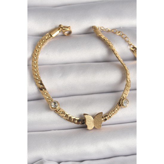 316L Çelik Gold Renk Yassı Zincir Zirkon Taşlı Simli Kelebek Figür Kadın Bileklik 316L Çelik Gold Renk Yassı Zincir Zirkon Taşlı Simli Kelebek Figür Kadın Bileklik