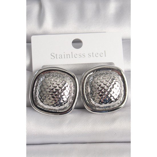 Pirinç Gümüş Renk İşlemeli Kare Model Kadın Küpe