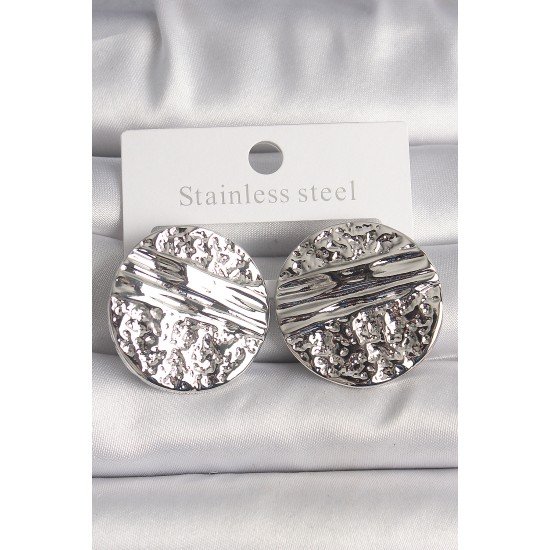 Pirinç Gümüş Renk İşlemeli Daire Plaka Model Kadın Küpe