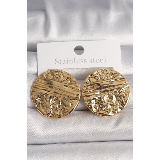 Pirinç Gold Renk İşlemeli Daire Plaka Model Kadın Küpe
