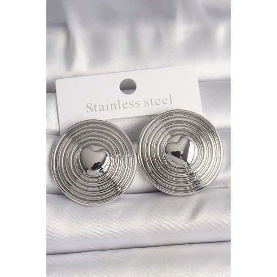 Pirinç Gümüş Renk Kalp İşlemeli Daire Plaka Model Kadın Küpe